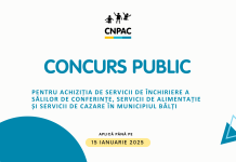 CNPAC anunță concurs public pentru achiziția de servicii de închiriere a sălilor de conferințe, servicii de alimentație și servicii de cazare în municipiul Bălți